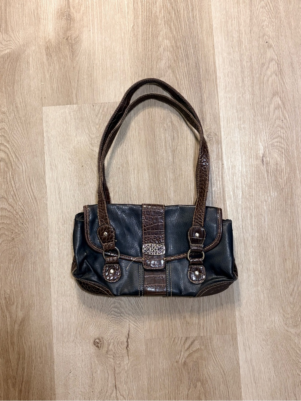 Faux Leather Black & Brown Shoulder Bag w/ Silver Hardware Goth Grunge Purse
